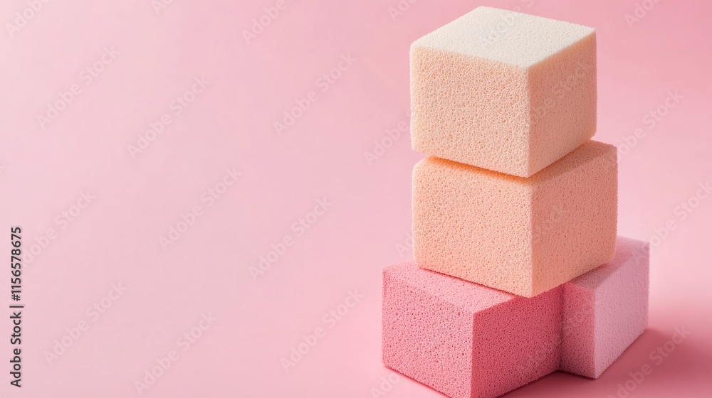 Poster cube makeup sponges in soft pastel colors with empty space for text on light pink background for bea