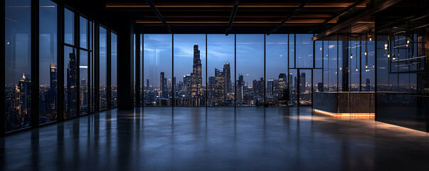 Cityscape View from Modern Penthouse Office at Night,  Offering Panoramic Views with Stunning Night Lights.