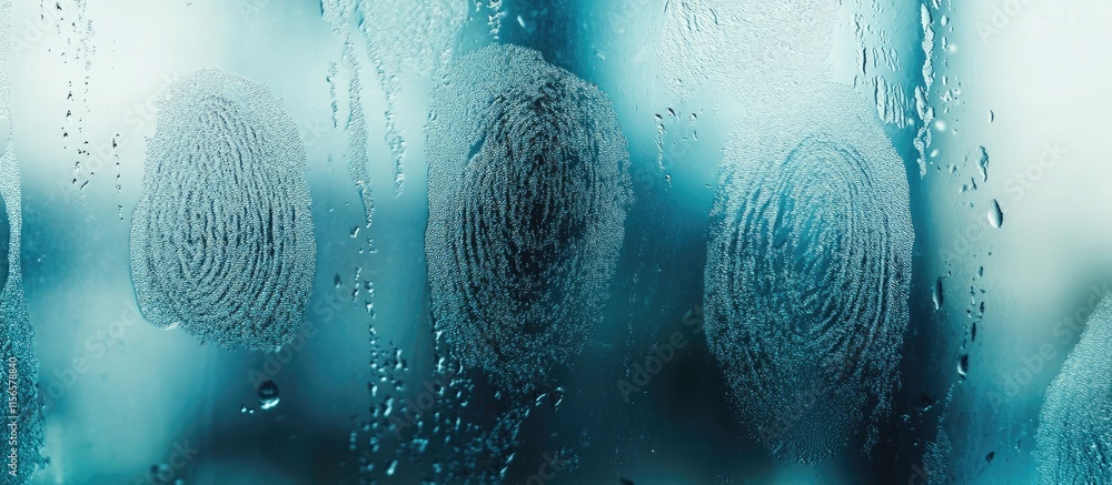 Poster fingerprints on a misted window glass with soft focus background creating a blank area suitable for 