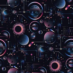 A vibrant cosmic pattern featuring planets, stars, and abstract lines on a dark background.