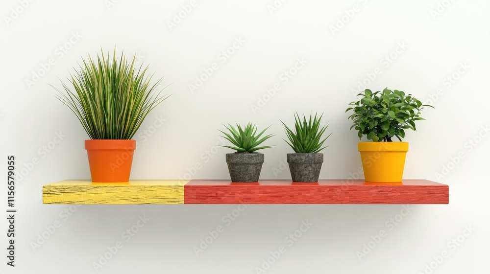 Poster colorful shelf displaying potted plants against a white background with ample space for text or bran
