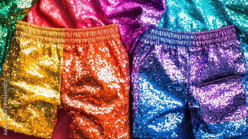 Poster colorful sequined shorts in vibrant hues on a sparkling background with empty space for text or bran