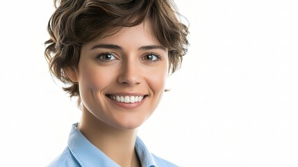 Cheerful Businesswoman in Blue Shirt with Bright Smile Portrait
