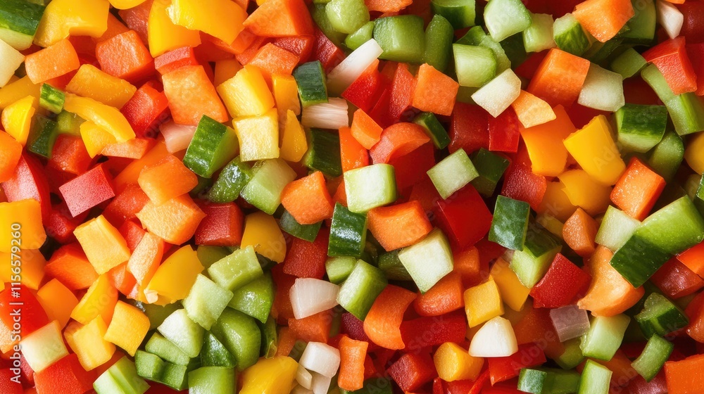 Poster freshly diced vibrant vegetables arranged in a colorful salad with ample empty space for customizabl