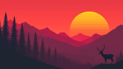 Environmental, social, and governance concept Serene sunset over mountains with a deer silhouette in the foreground.