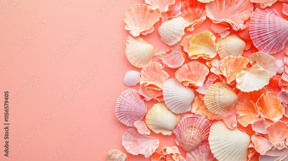 Poster colorful seashells flat lay arrangement on soft pink background with space for custom text or messag