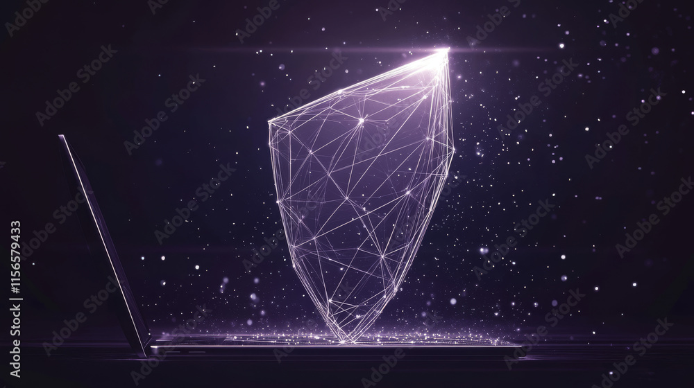 Poster knight shield on a laptop background. abstract low poly wireframe illustration. polygonal isolated p