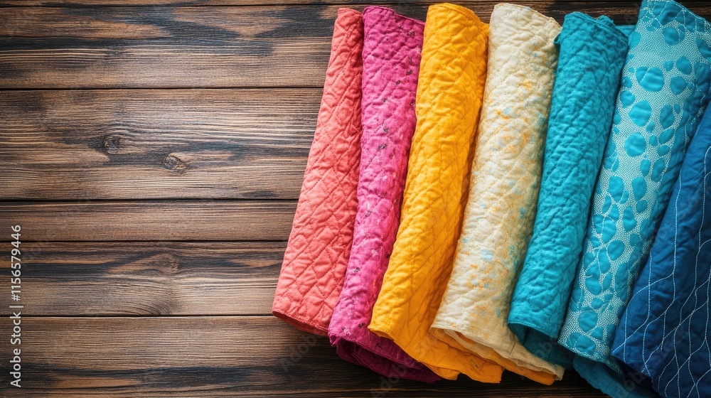 Poster assorted colorful quilting cotton fabrics rolled on wooden surface with empty copy space for design 