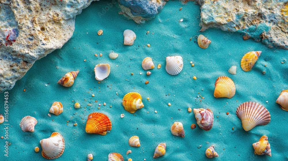 Poster colorful seashells lying on turquoise sand beach with natural rock formations and empty space for cu