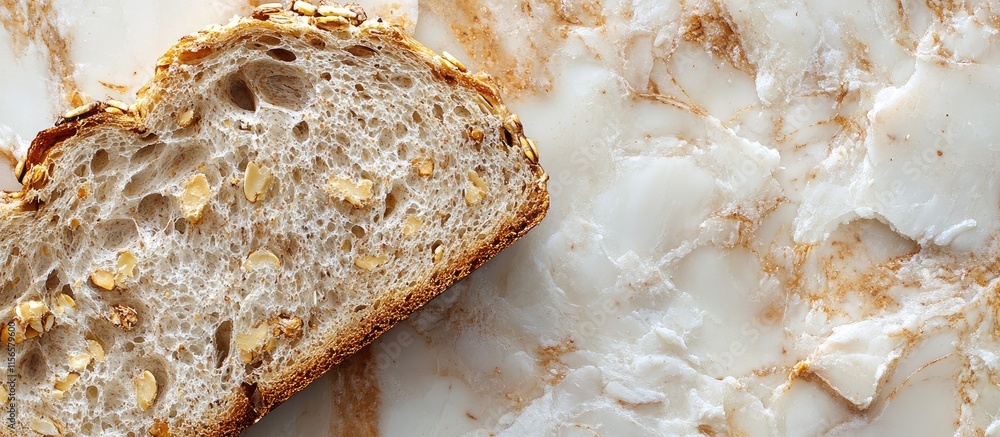 Aufkleber closeup of a slice of multigrain bread on a textured surface with ample blank space for creative tex