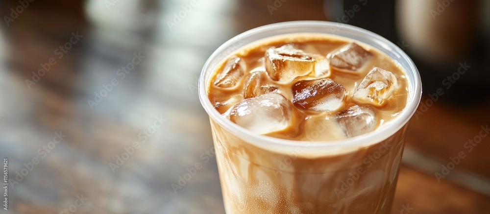 Poster closeup of an iced latte in a disposable cup on a cafe table with wooden surface and ample empty spa