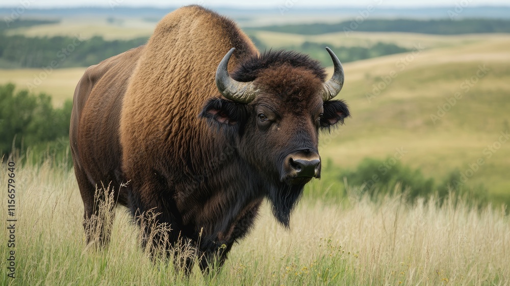 Poster closeup of a buffalo in a serene agricultural landscape with ample empty space for adding custom tex