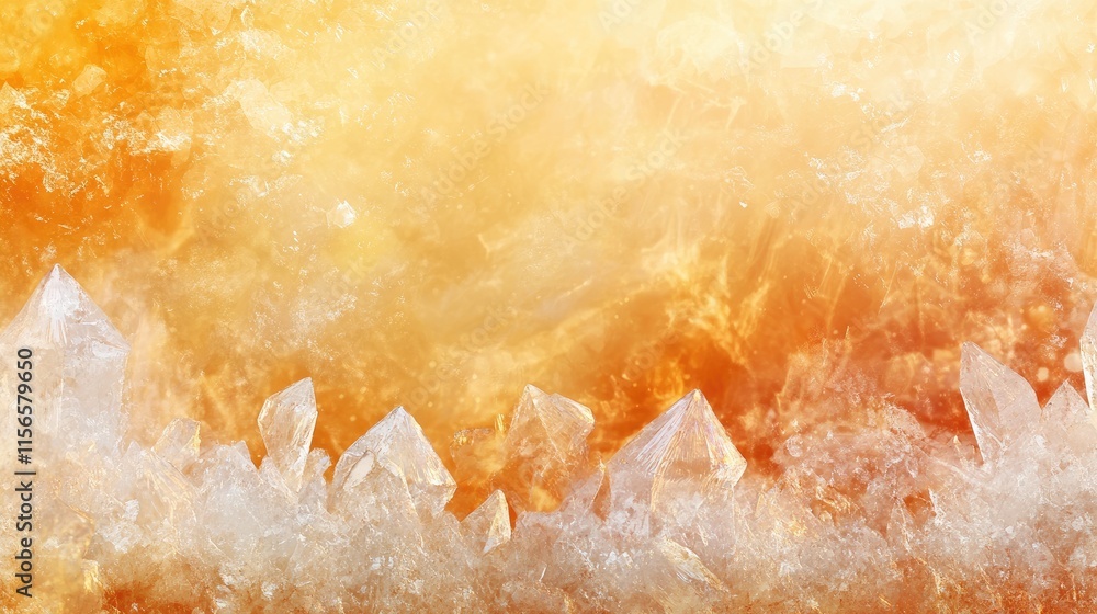 Poster crystallization process abstract background with empty space for text in warm tones and sparkling cr