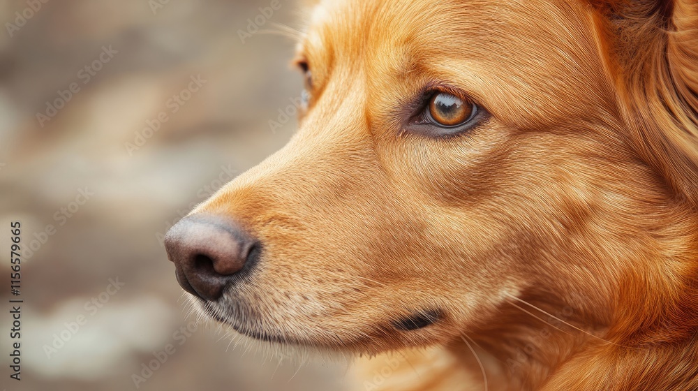 Poster curly haired ginger dog profile with soft focus background for text placement