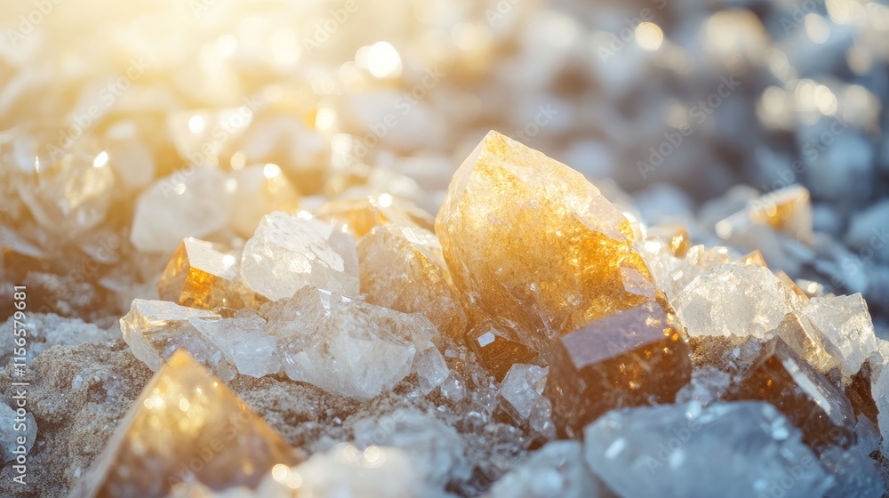 Poster sparkling crystalline rock fragments illuminated by sunlight with ample space for text on a natural 