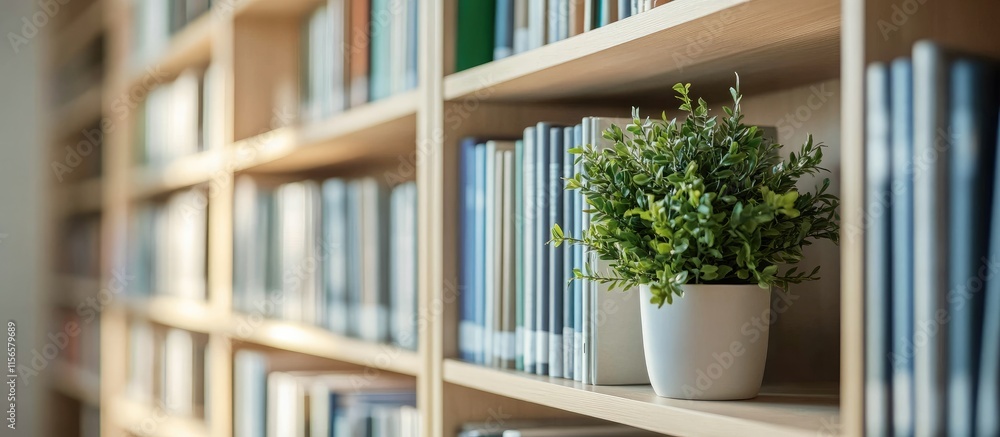 Poster bright library bookshelf with modern decor and potted plant showcasing interior design concepts and 