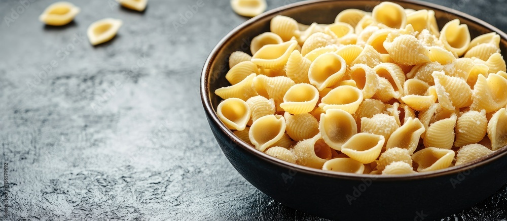 Poster orecchiette pasta salad in a rustic bowl on a textured background with ample space for text and crea