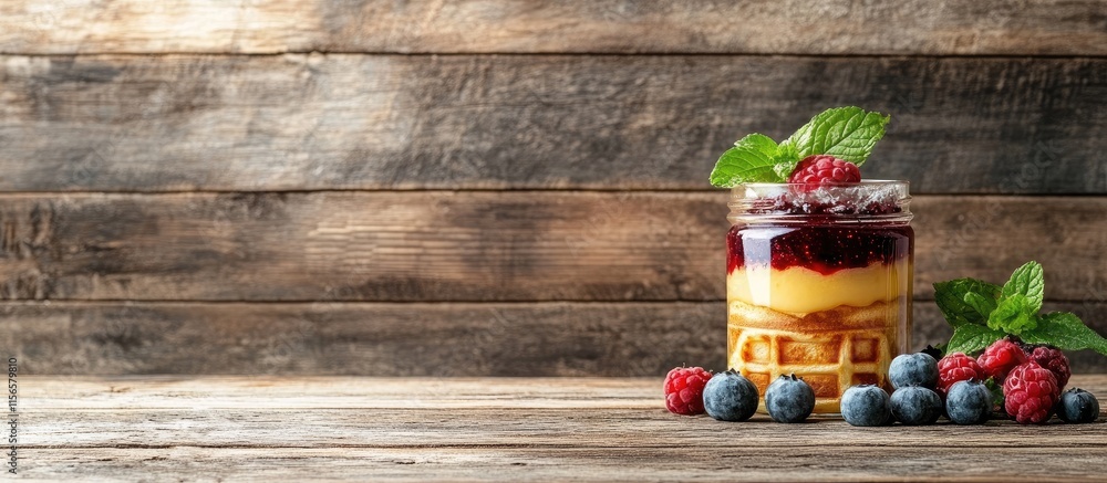 Poster freshly made waffles with berries and jam in a jar on a rustic wooden table with space for text or b
