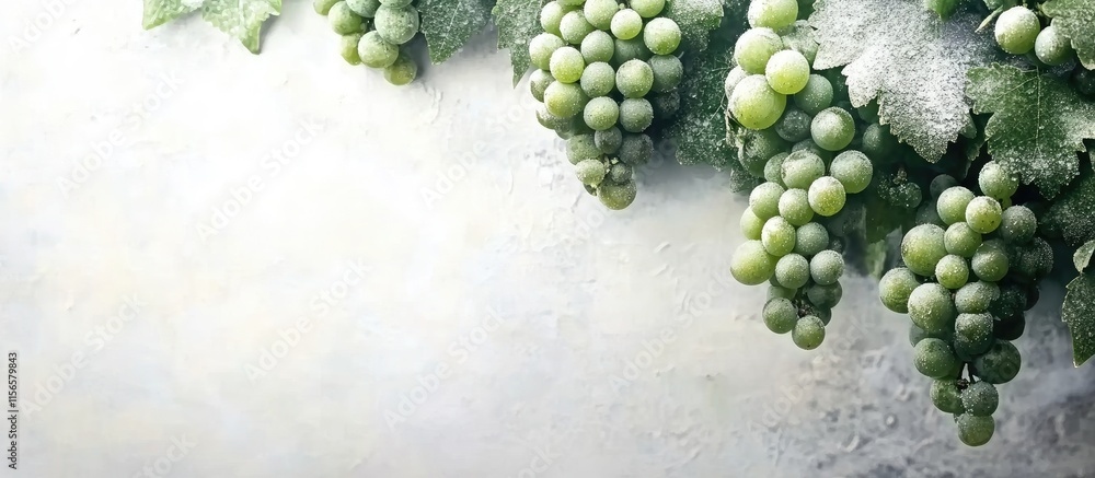 Poster fresh green grapes on a vine with soft focus background and ample copy space for design or promotion