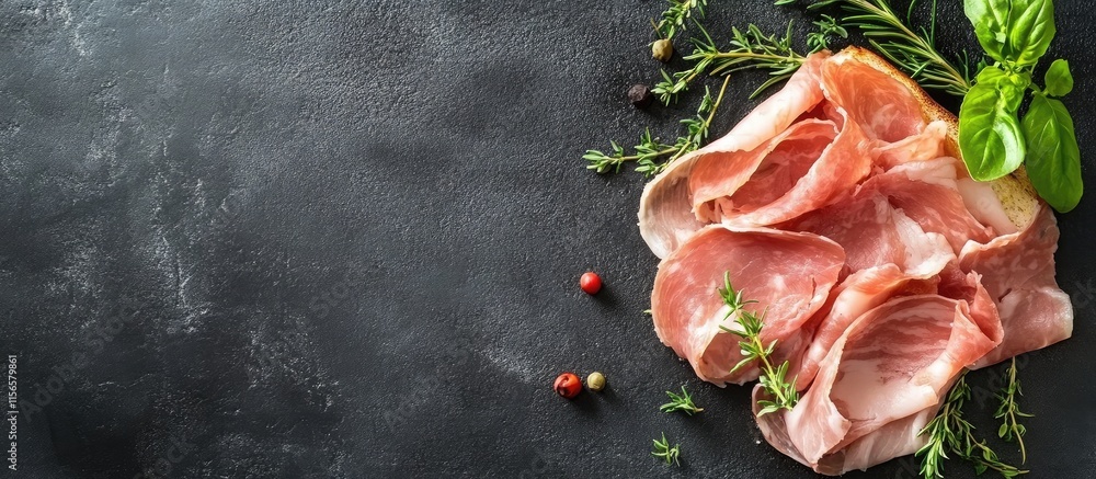 Aufkleber fresh slices of ham and herbs arranged on a dark surface with ample copy space for creative text or 