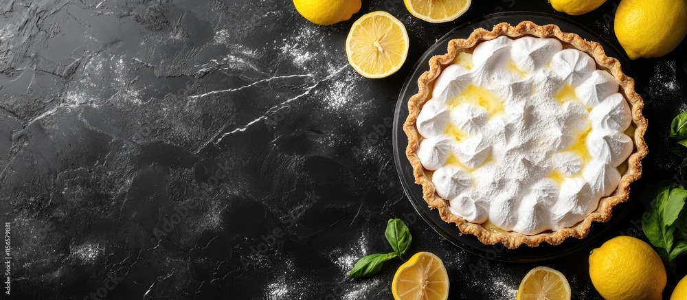 Poster homemade lemon meringue pie with a flaky crust surrounded by fresh lemons on a dark background with 