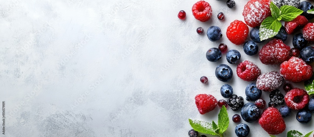 Poster pancakes topped with greek yogurt blueberries and fresh berries on a textured background with ample 