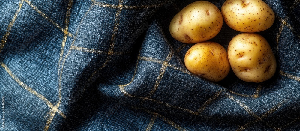 Poster fresh organic potatoes arranged on a textured fabric background with ample space for branding or tex