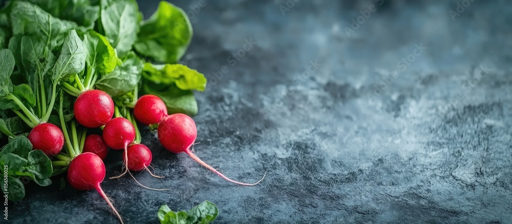 Poster freshly harvested small radishes with green leaves on textured surface with empty space for text and