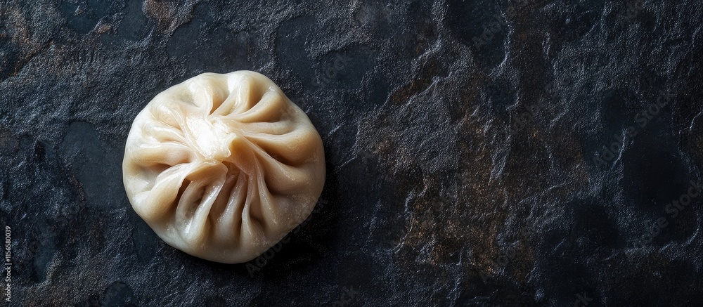 Poster closeup of a single dumpling on a dark textured surface showcasing its details with ample space for 