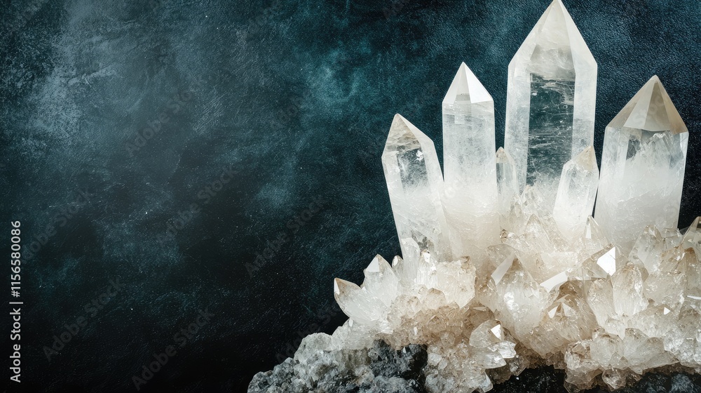 Poster crystalline quartz clusters on dark velvet background with space for text and design elements
