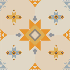 Geometric tribal pattern featuring a harmonious blend of muted blue, beige, and orange tones. The symmetrical design make it ideal for interior design, textiles, or digital backgrounds.