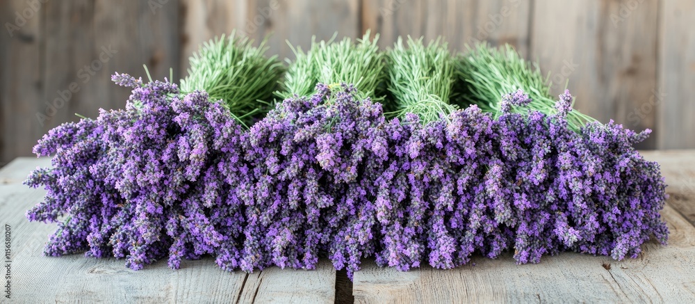 Poster lavender bundles arranged on rustic wooden table with ample empty space for text and decoration idea