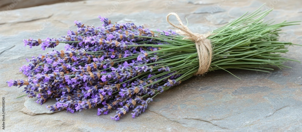 Poster lavender bunch tied with twine arranged on stone surface with empty space for promotional text or br