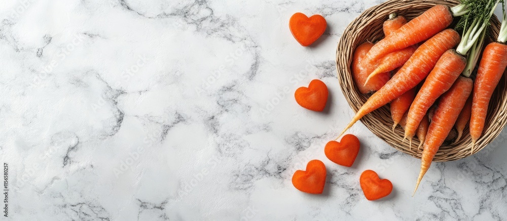 Aufkleber freshly harvested carrots in a basket with heart-shaped vegetables and empty space for text on a mar