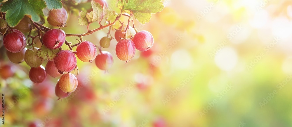 Poster ripening gooseberries on a branch in a sunlit garden with soft focus background and ample space for 