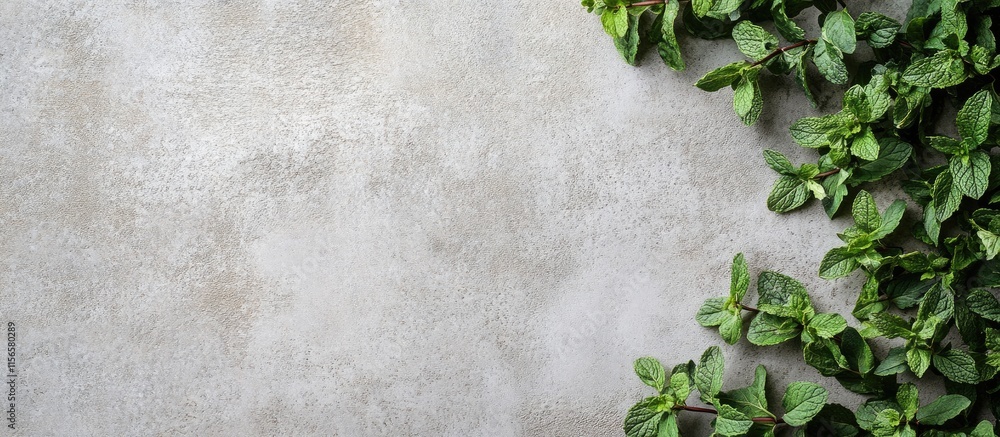 Poster fresh mint leaves from garden arranged on textured background with blank space for design or text ov