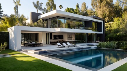 A modern luxurious villa with a large pool next to it, luxury life and properties building and architecture with tall green trees