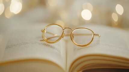 Gold framed glasses rest on an open book