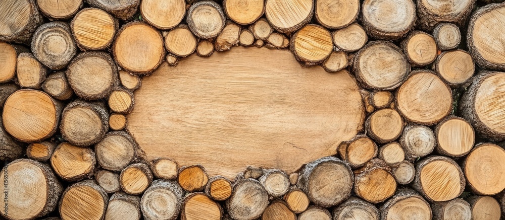 Poster natural wooden log circle frame with empty center space ideal for text or branding in a forest envir