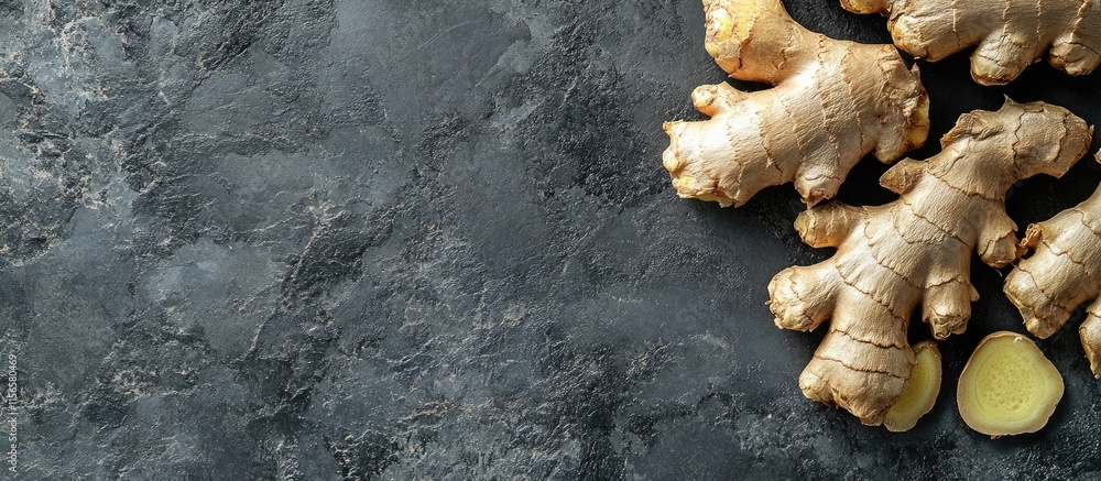 Poster grated ginger pieces on a textured dark surface ideal for tea preparation with ample copy space for 