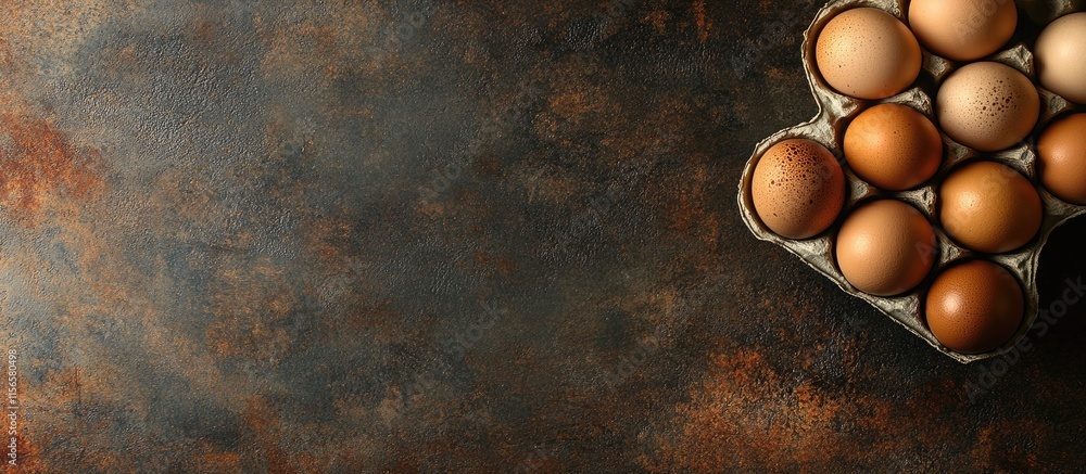 Poster freshly cracked brown eggs in a carton on a rustic table with ample empty space for text or graphic 