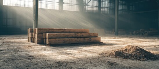 Wooden logs neatly stacked in a well-lit warehouse with sawdust on the floor creating a serene atmosphere with space for text overlay