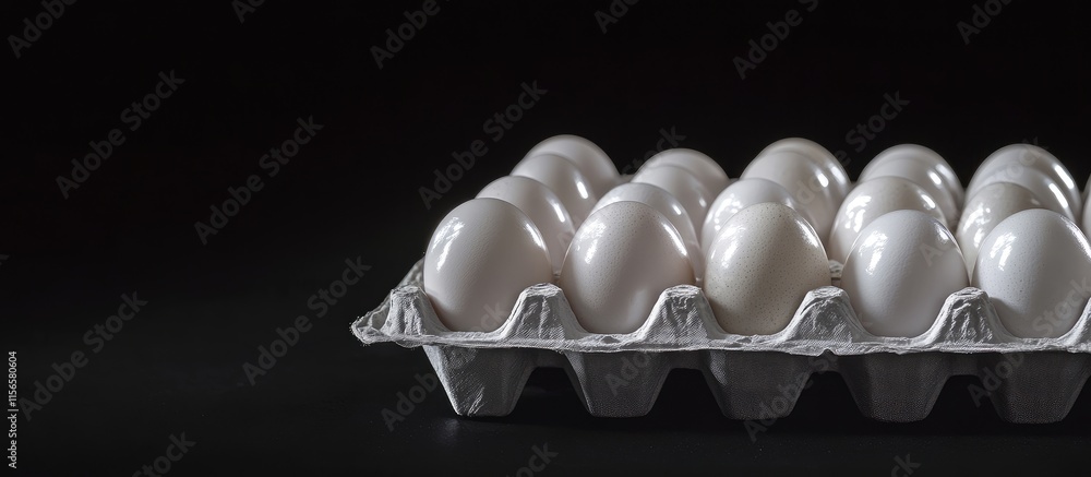 Poster white chicken eggs in tray on dark background with minimal copy space for text display and fresh foo