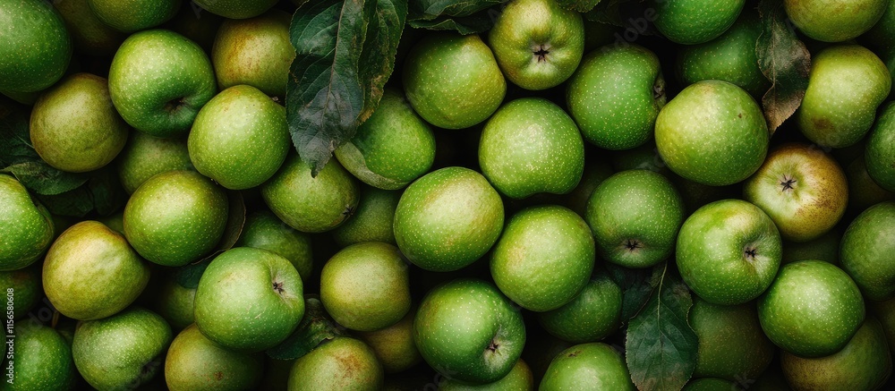 Poster fresh green apples harvested from orchard with natural background and copy space for text informatio