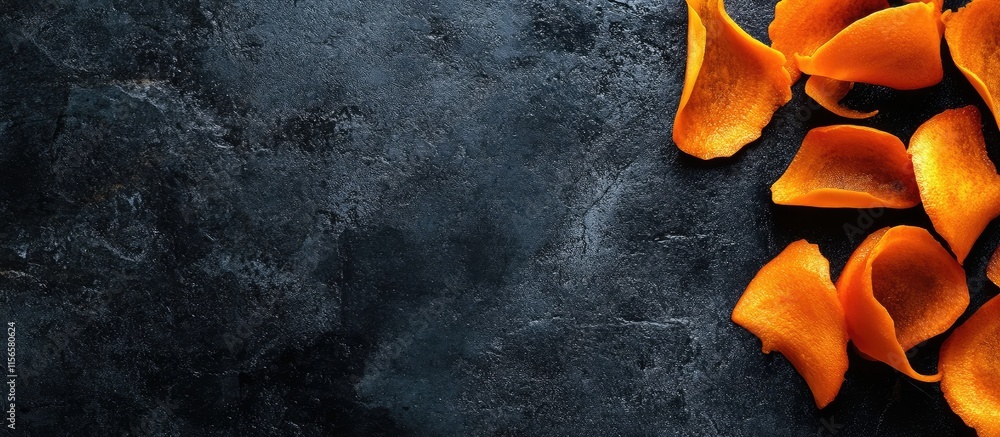 Poster vibrant freshly peeled carrot pieces on dark surface with copy space for text display or culinary us