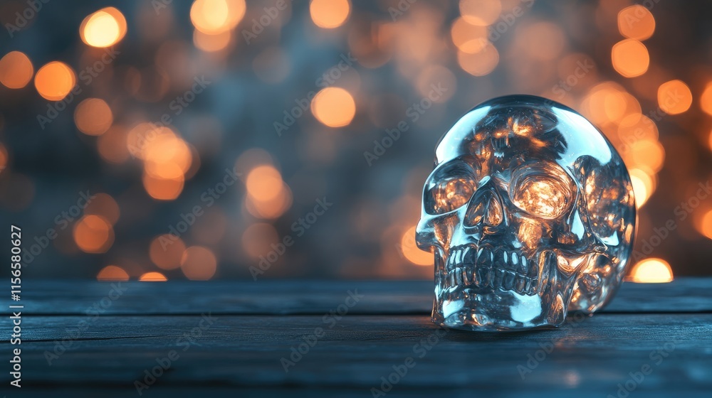 Poster crystal skull on wooden table with blurred bokeh background and empty space for text or branding in 