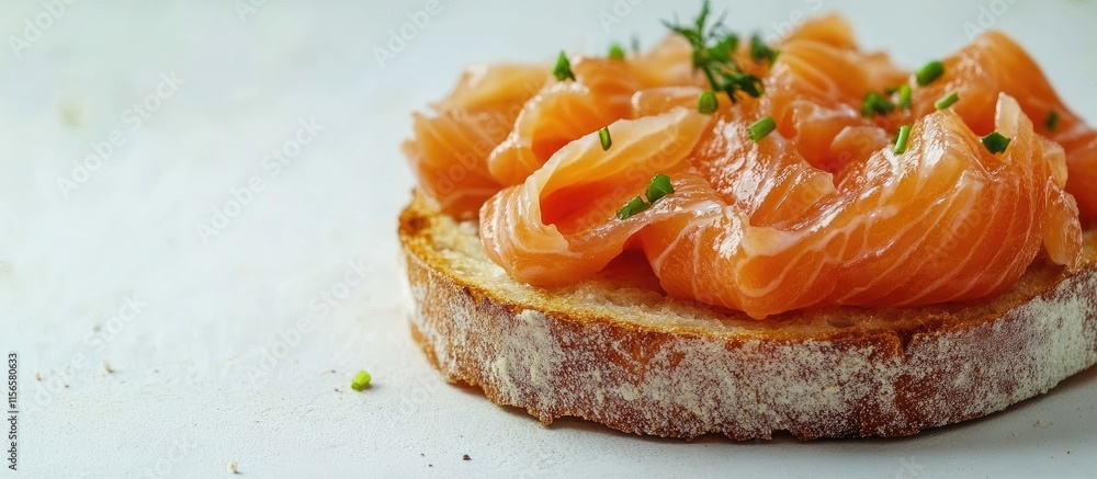Aufkleber marinated salmon bruschetta on toast with fresh herbs and empty space for custom text or branding
