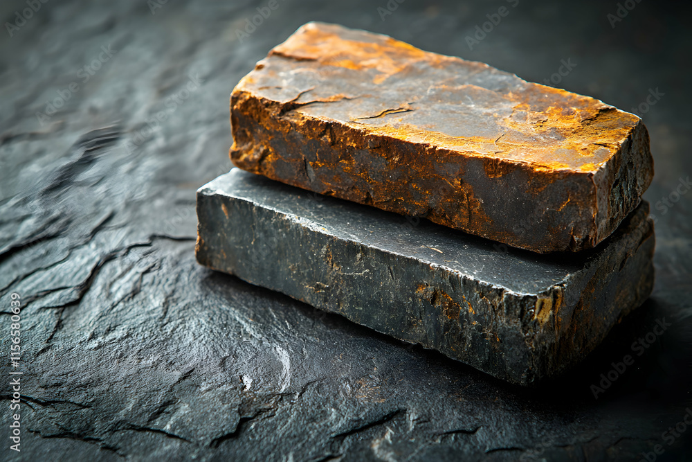 Aufkleber rustic stone blocks stacked on dark surface, showing texture and patina. ancient materials sit atop 