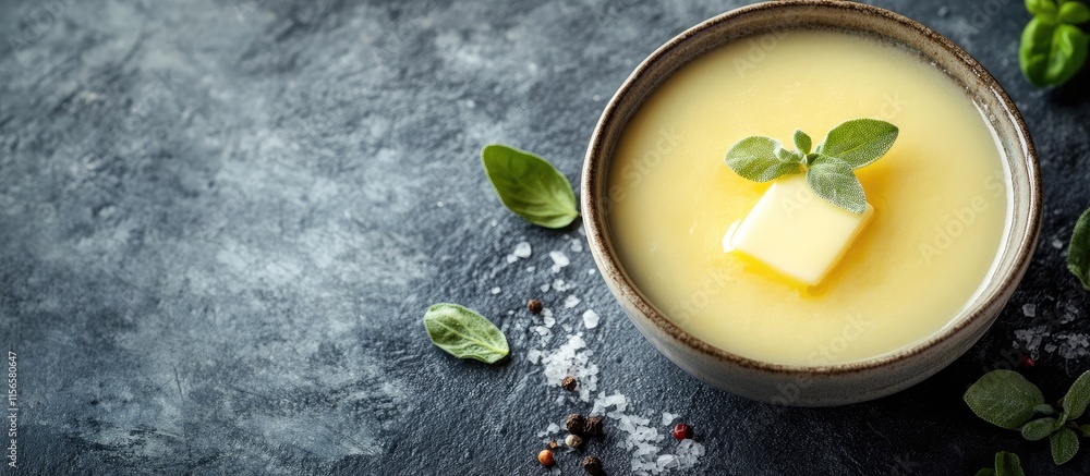 Poster ravioli in butter and sage sauce with fresh ingredients and empty space for text in a modern culinar