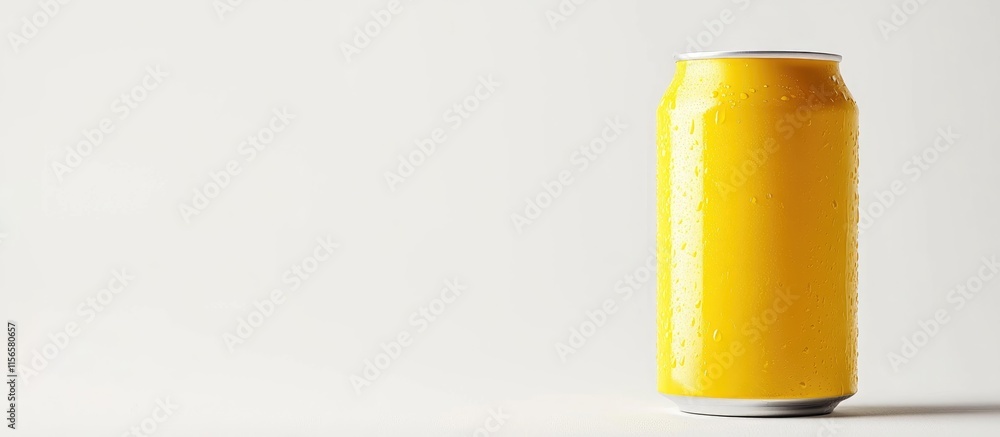 Poster bright yellow lemonade can isolated on white background with space for text refreshing beverage conc